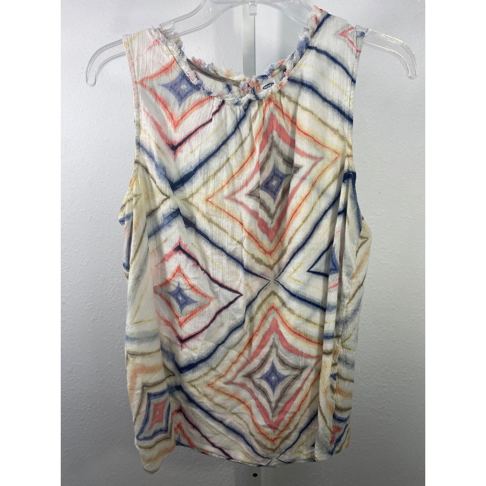 Old Navy Womens Large Sleeveless Blouse Geometric Diamond Print Frayed Neck Top